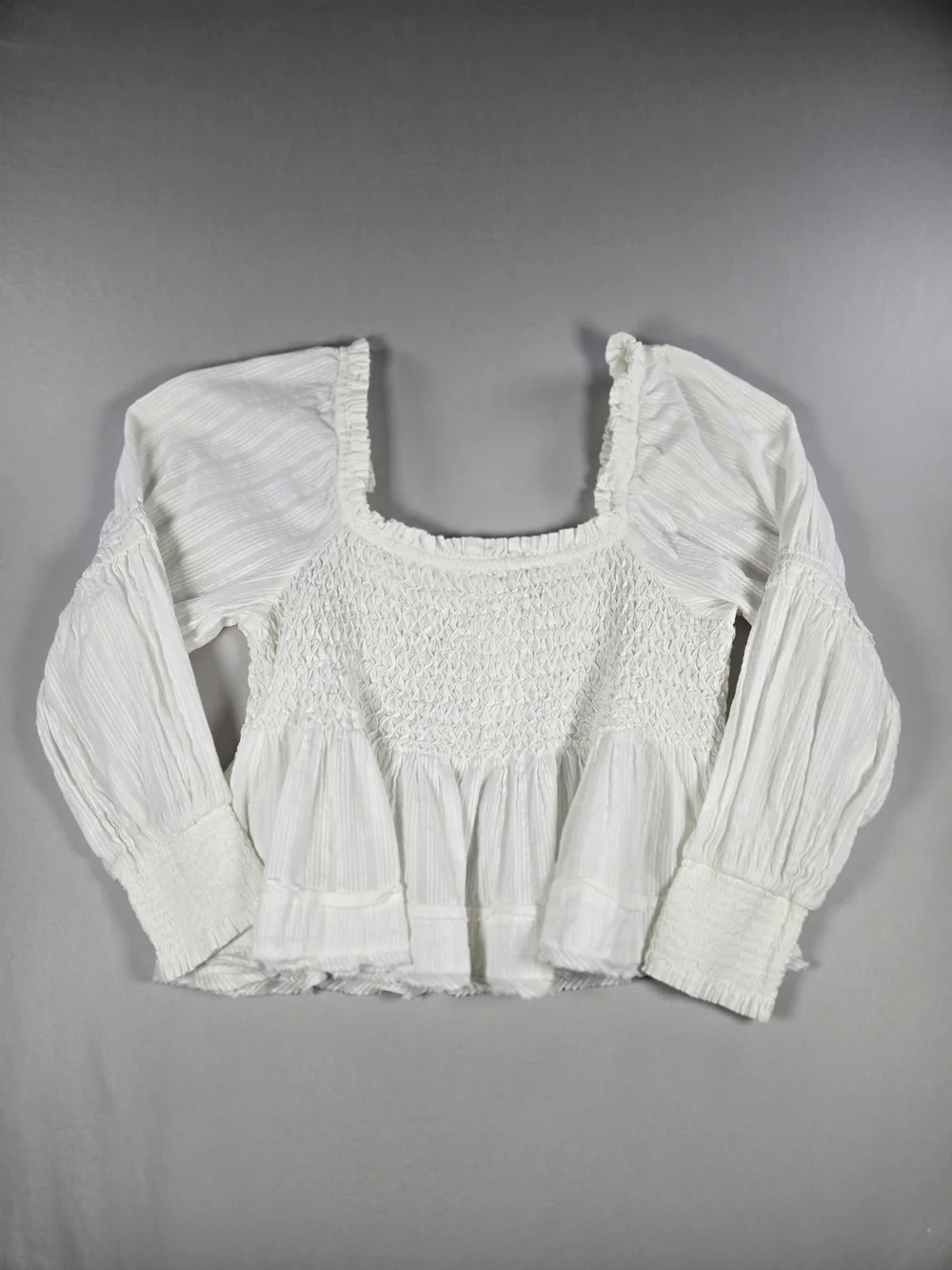 Anthropologie White Smocked Puff Sleeve Babydoll Blouse Peplum Top Gauze XL